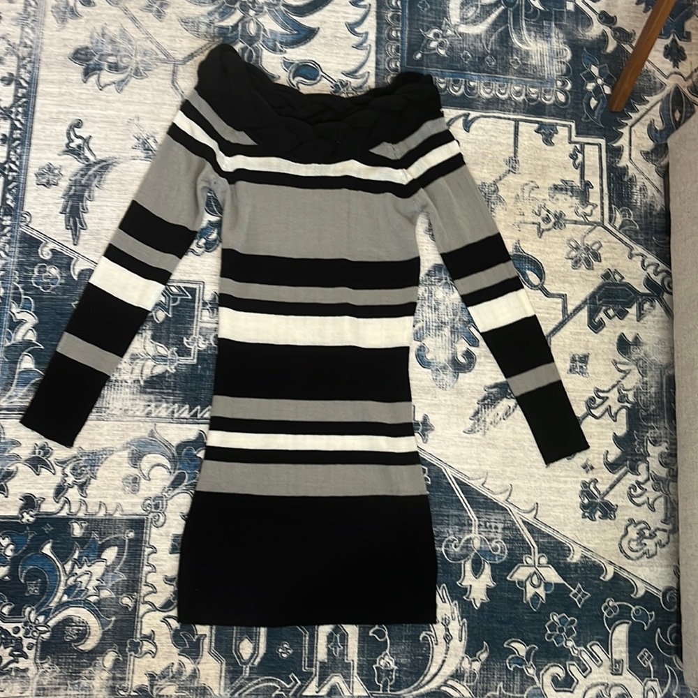 Like New, Medium, Grey White and Black Striped Sweater Dress